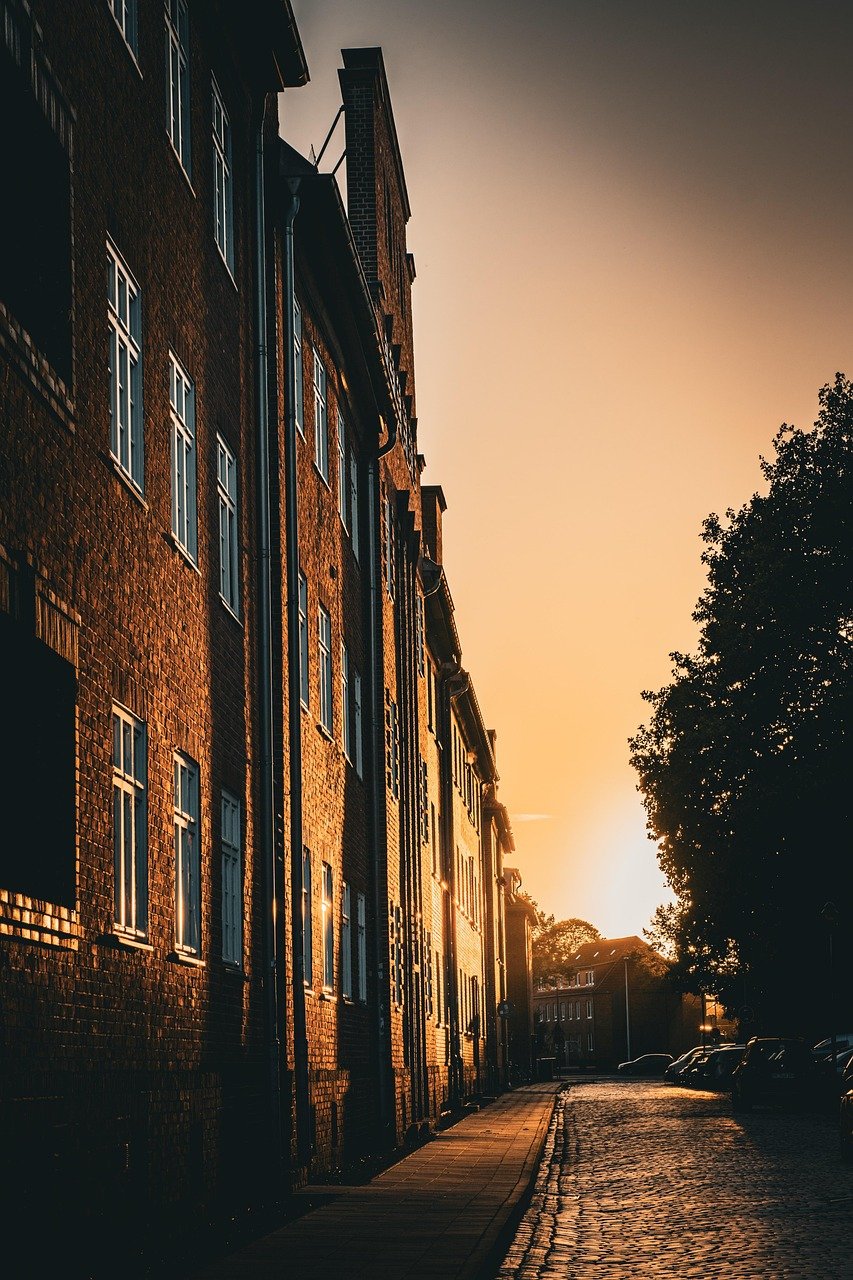 street, nature, sunset, building, architecture, stralsund, houses, city, dusk, twilight