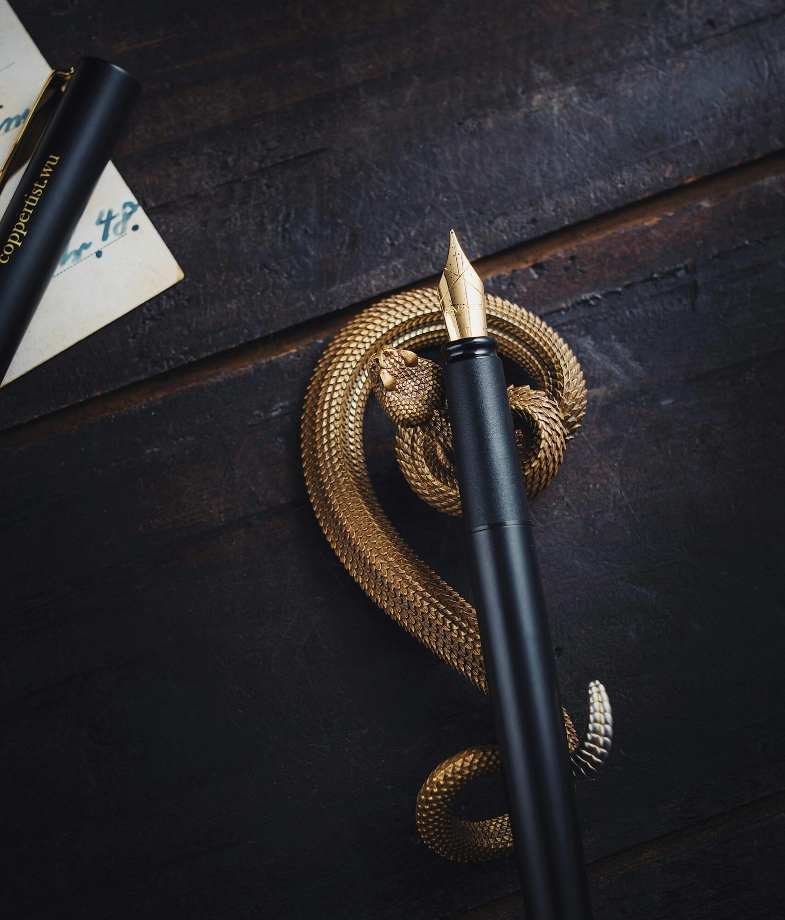 A black fountain pen elegantly rests on a coiled gold snake holder, exuding vintage charm and sophistication.